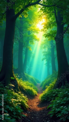 Deep greens and blues in a stained-glass forest, sun ablaze , trees, beautiful, faceted