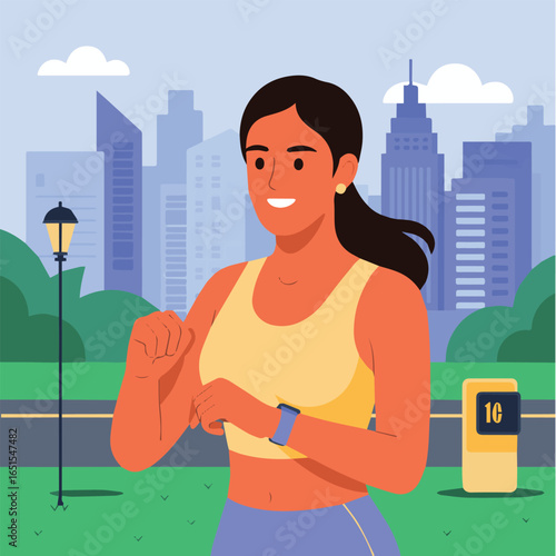 Woman running in city park fitness workout jogging exercise healthy lifestyle cardio training urban scene vector
