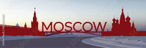 Moscow Skyline Silhouette with Kremlin and Saint Basil’s Cathedral at Sunset, Modern Vector Illustration for Travel and Tourism