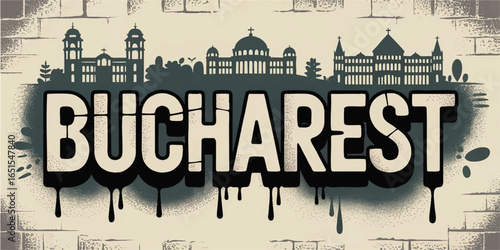 Bucharest Graffiti Skyline Illustration – Urban Street Art with Iconic Monuments, Modern Romanian Cityscape Wall Art Poster