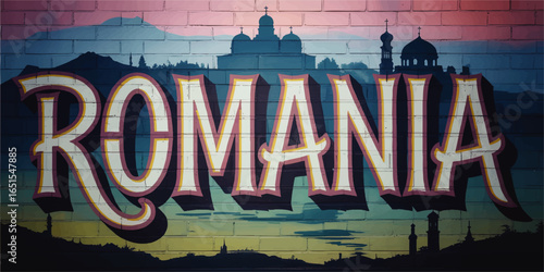 Vibrant Romania Wall Art Mural with Silhouette Cityscape and Colorful Sunset Typography on Brick Background
