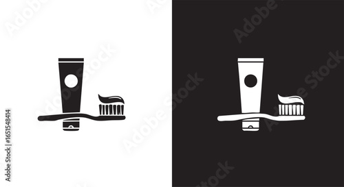A simple black and white graphic icon of a toothbrush with a dollop of toothpaste and a tube.