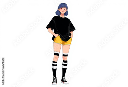 Garota vestindo camiseta preta e short amarelo.