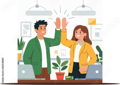 Illustration of business team celebrating success with high five in modern office space design