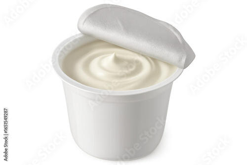 Plastic container of yogurt or cream with open foil lid on transparent background