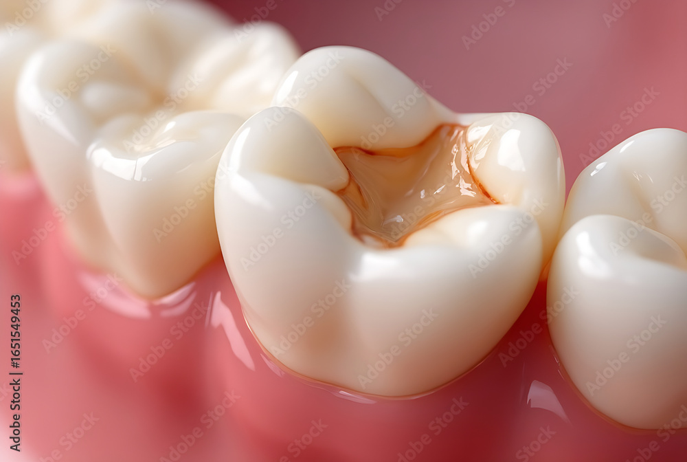 A detailed close-up of tooth erosion. Focusing on a single human tooth showing clear signs of enamel erosion A detailed close-up of tooth erosion. Focusing on a single human tooth showing clear signs of enamel erosion