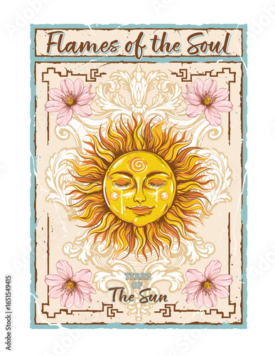 A detailed ornamental sun illustration mixing cosmic vibes, floral accents, and retro energy. Crafted for standout t shirt and print designs