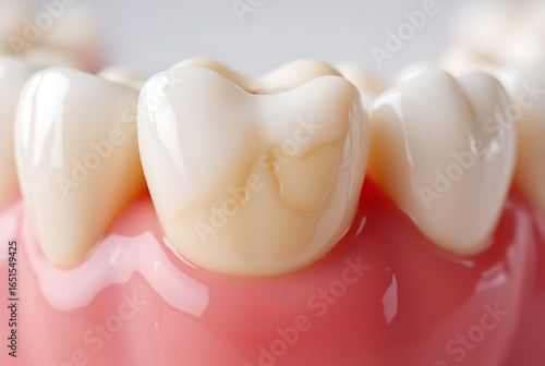 A detailed close-up of tooth erosion. Focusing on a single human tooth showing clear signs of enamel erosion 