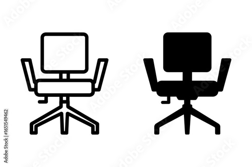 Two office chairs are displayed side by side one in outline and one in solid black fill