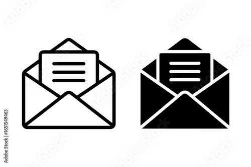 Two open envelopes with letters inside, one outlined and the other solid black, side by side