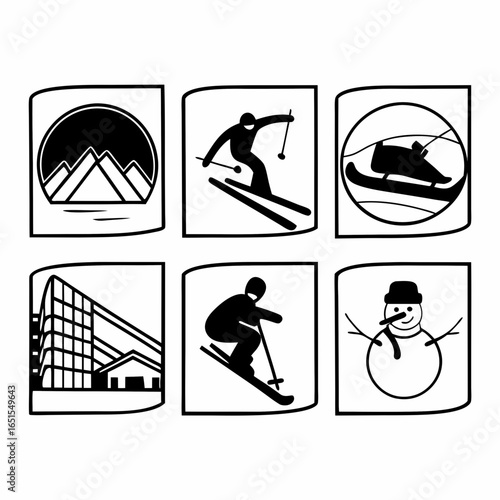 Illustration of winter sports and landscapes isolated on white background