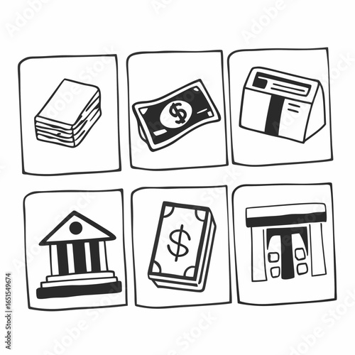 Financial and banking symbols isolated on white background in cartoon style