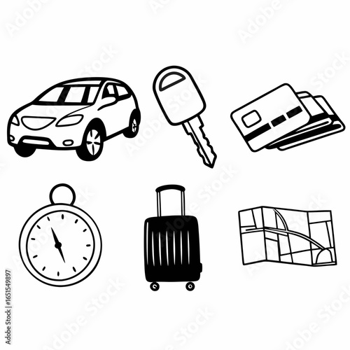 Car travel with key, credit card, clock, luggage and map isolated on white background