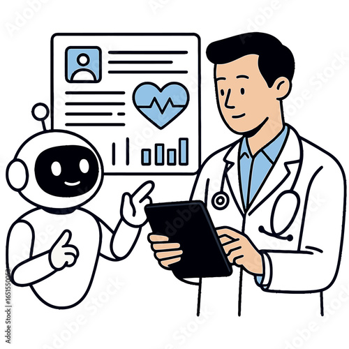 Futuristic healthcare collaboration: doctor and robot analyzing data