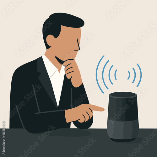 Modern technology interaction: man controlling smart speaker with voice commands