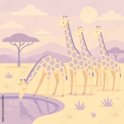 Pastel safari scene with giraffes by a waterhole under the sun