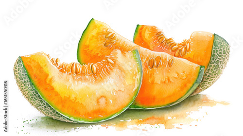 Three wedges of ripe melon with orange flesh on a white background, imitation of a watercolor painting.