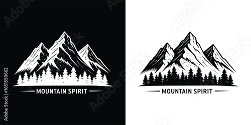 Mountain spirit emblem showcasing rugged mountain peaks and dense pine forest, evoking a sense of adventure