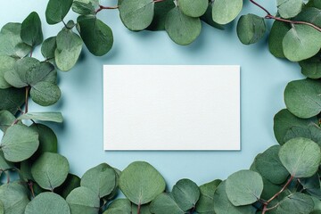 Blank card with eucalyptus border on pastel blue surface - top view