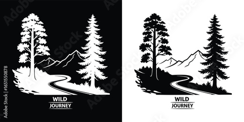 Wild journey forest path through mountains with pine trees, scenic silhouette graphic design for outdoor exploration and travel
