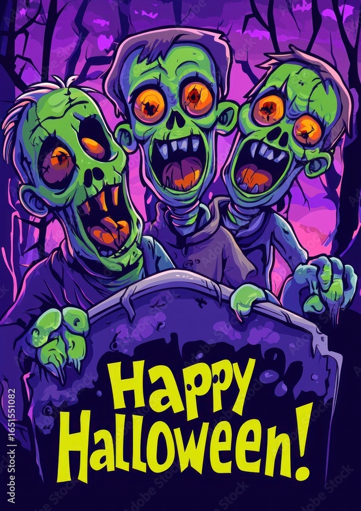 Obraz premium Happy Halloween Concept Greeting Card with Zombies and Copy, Text. Halloween Post Card with Zombies. Halloween Concept Poster with Copy, Text. Halloween Party Invitation Card. 