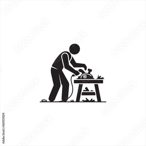 Black silhouette of a person using a circular saw on a workbench worker carpenter