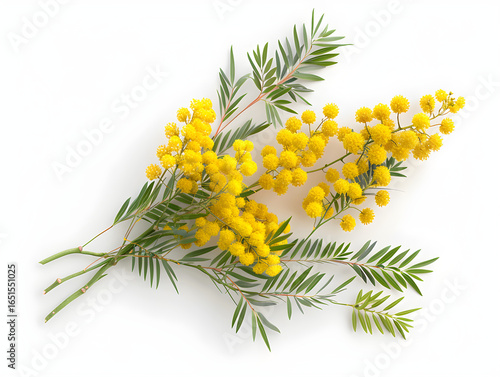 Clean macro photograph featuring Mimosa blossom branch with yellow flowers and green leaves springtime bloom isolated on transparent backgroundMimosa blossom branch with yellow flowers and green leave
