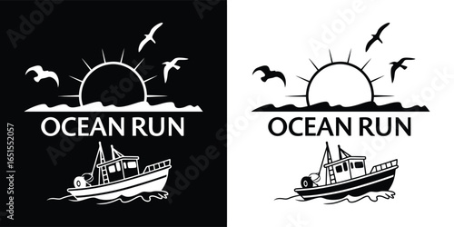 Ocean run logo with a fishing boat sailing on the sea with waves, sun, and seagulls