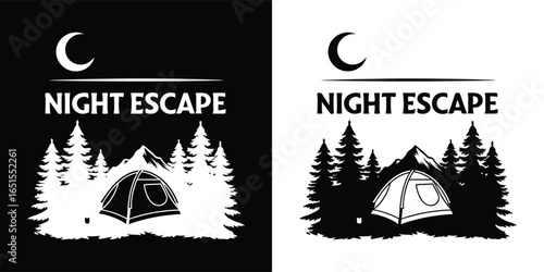 A tent in a forest at night under a crescent moon with the words night escape, evoking a sense of peaceful outdoor adventure