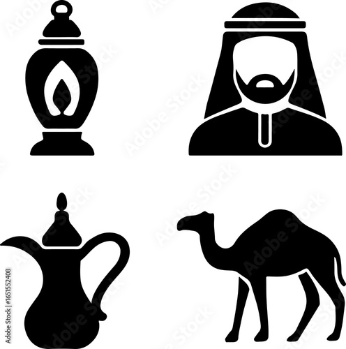 Arabian Culture Silhouettes Set – Lantern, Camel, Coffee Pot, Traditional Man