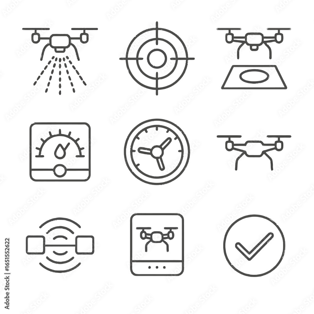 Fototapeta premium Drone interface icons: linear style for technology and navigation design