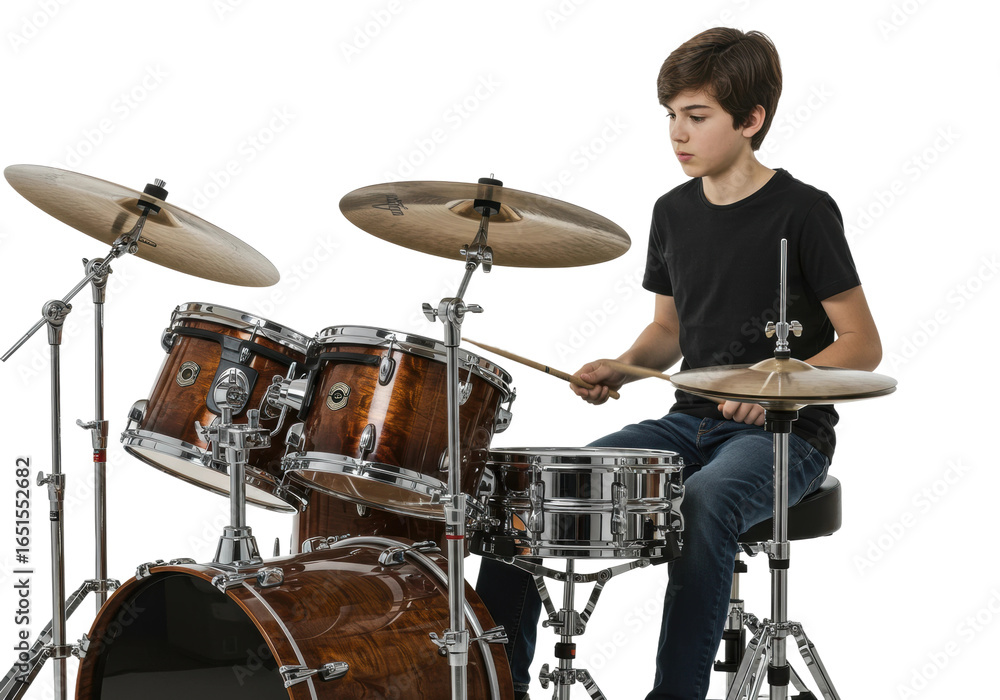 Fototapeta premium Youth drummer performing an energizing solo home studio music session indoor eye-level rhythm and passion isolated on transparent background