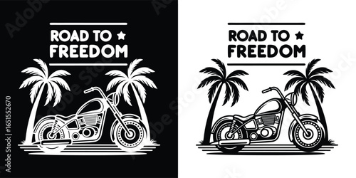Graphic illustration of a motorcycle on a road to freedom, framed by palm trees, conveying a sense of liberation and travel, offered in both black and white versions