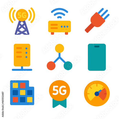 Colorful technology icons set featuring 5g and network symbols