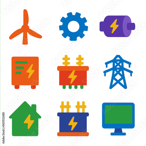 Colorful energy icons with glow effect: renewable and electrical elements in modern design