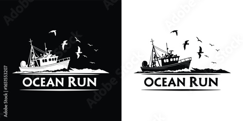 Ocean run fishing trawler logo with seagulls flying in the sky, set against waves, shown in both black and white