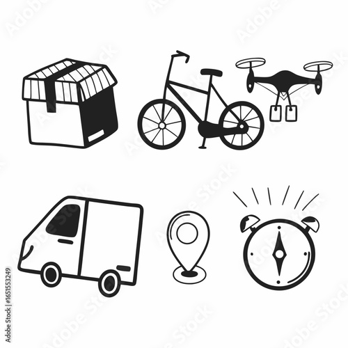 Delivery service icons set isolated on white background in doodle style