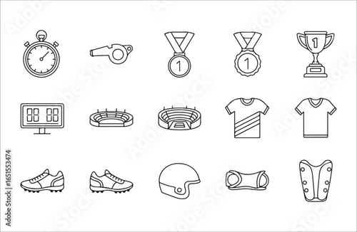 Black and white icons of sports equipment and awards on white background stopwatch whistle