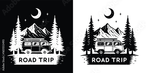 Road trip in a camper van through a forest with mountains at night under the moon and stars, black and white illustration