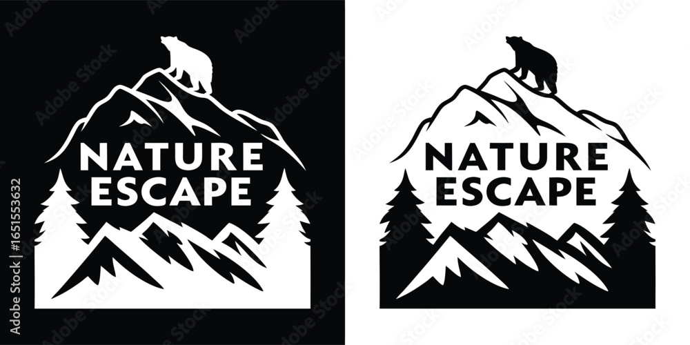 Fototapeta premium Silhouette of a bear on a mountain peak with the words nature escape, representing adventure and wilderness exploration