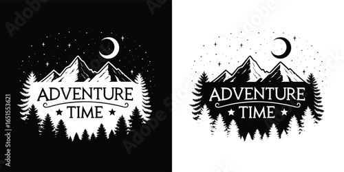 Adventure time mountain landscape with pine trees, moon, and stars, graphic silhouette design for outdoor exploration and travel