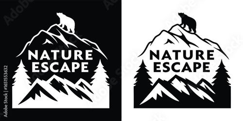 Silhouette of a bear on a mountain peak with the words nature escape, representing adventure and wilderness exploration