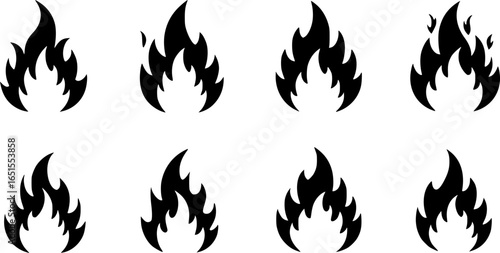 Eight black flame silhouettes fire icon
