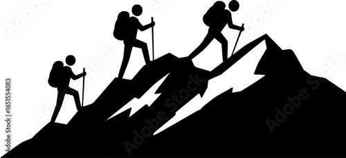 Three hikers ascend a mountain peak hiking mountain climbing
