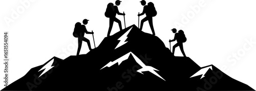 Three hikers ascend a mountain peak hiking mountain climbing
