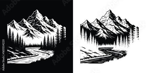 Majestic mountain range with pine forest and river reflecting the peaks, evoking a sense of adventure and natural beauty in the wilderness