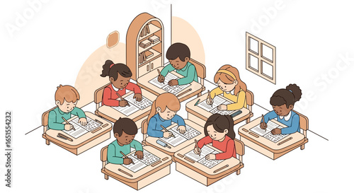 A classroom scene depicting diverse students sitting at desks, writing on paper during an exam or lesson.