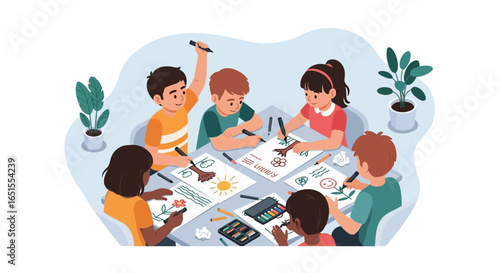 Diverse children engaged in collaborative drawing activity, surrounded by art supplies, in a classroom setting.