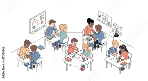 Diverse students collaborate on laptops in a modern classroom setting.