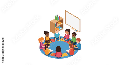 A group of diverse children sitting in a circle on a blue rug in a classroom, with a bookshelf and whiteboard in the background.
